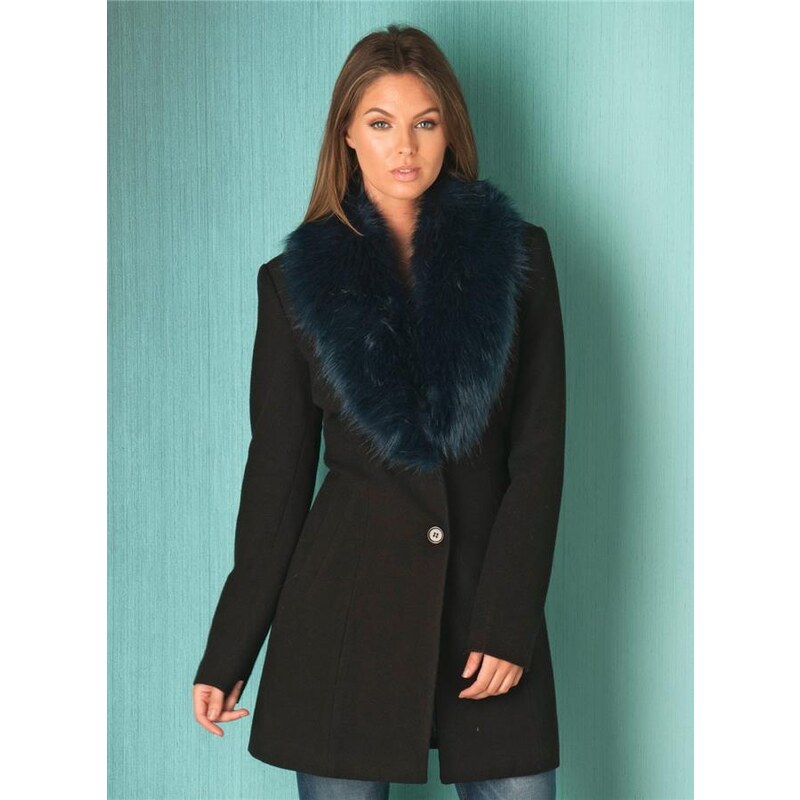 FROCK AND FRILL Černý kabát s modrým kožešinovým límcem