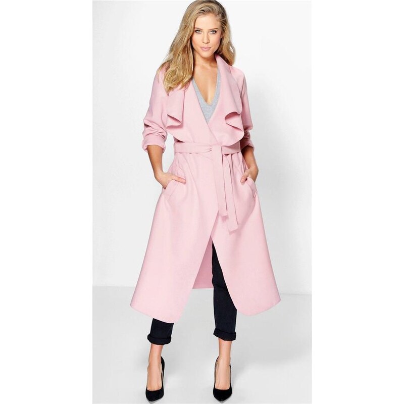 BOOHOO Růžový wrap kabát Kate s opaskem