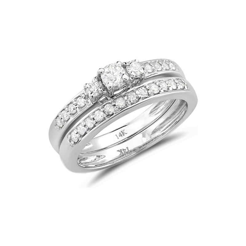 Diamantový snubní a zásnubní prsten v bílém zlatě KLENOTA je2127