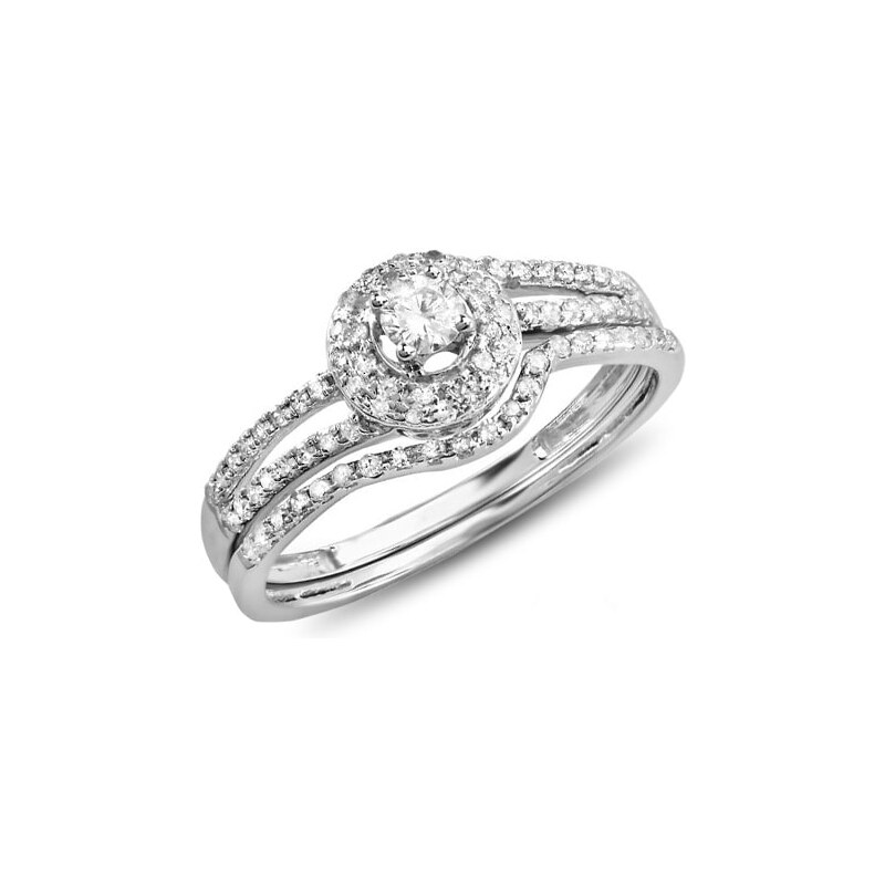 Snubní a zásnubní prsten s diamanty v bílém zlatě KLENOTA wed203