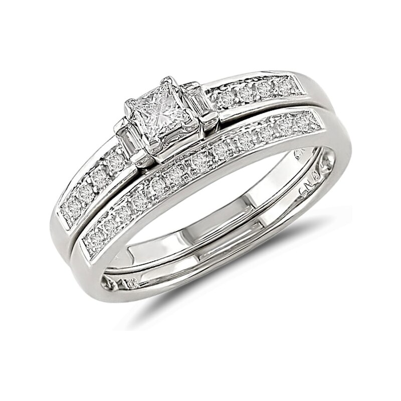 Zásnubní a snubní prsten v bílém zlatě s diamanty KLENOTA k0276012