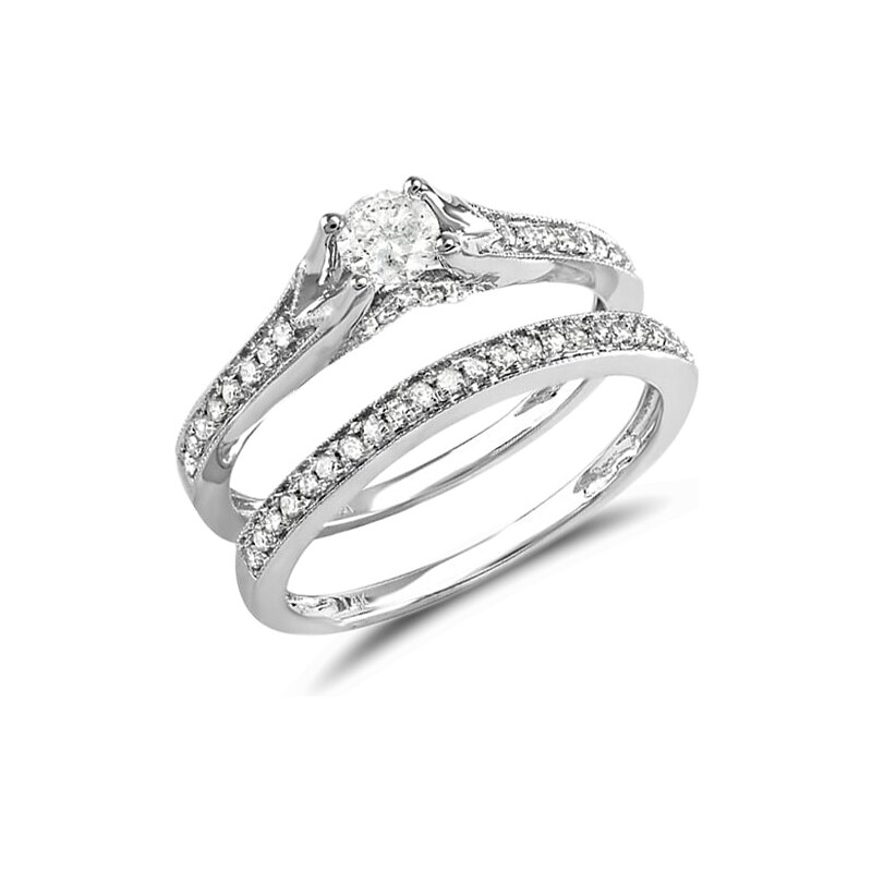 Diamantový snubní a zásnubní prsten v bílém zlatě KLENOTA je2129