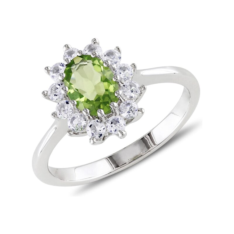 Stříbrný prsten s olivínem a bílými safíry KLENOTA sil6515