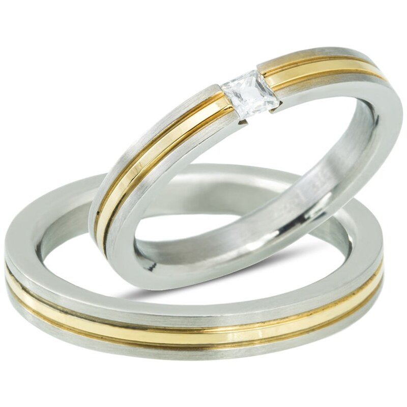 Snubní prsteny ve žlutém a bílém zlatě s diamantem princess KLENOTA