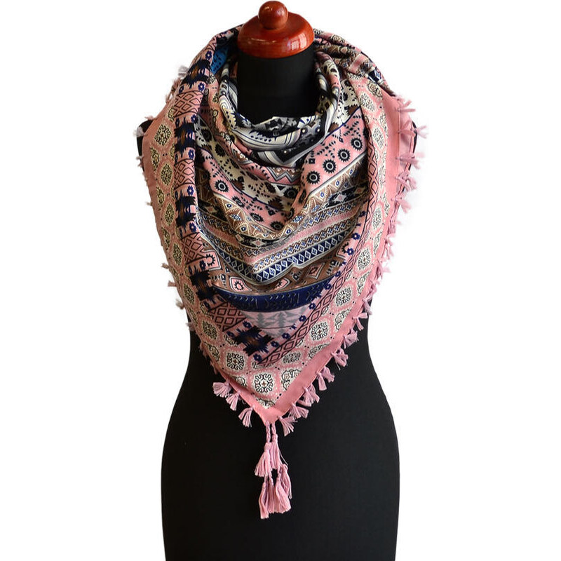 Velký šátek 69pl006-23 - růžový s geometrickým vzorem