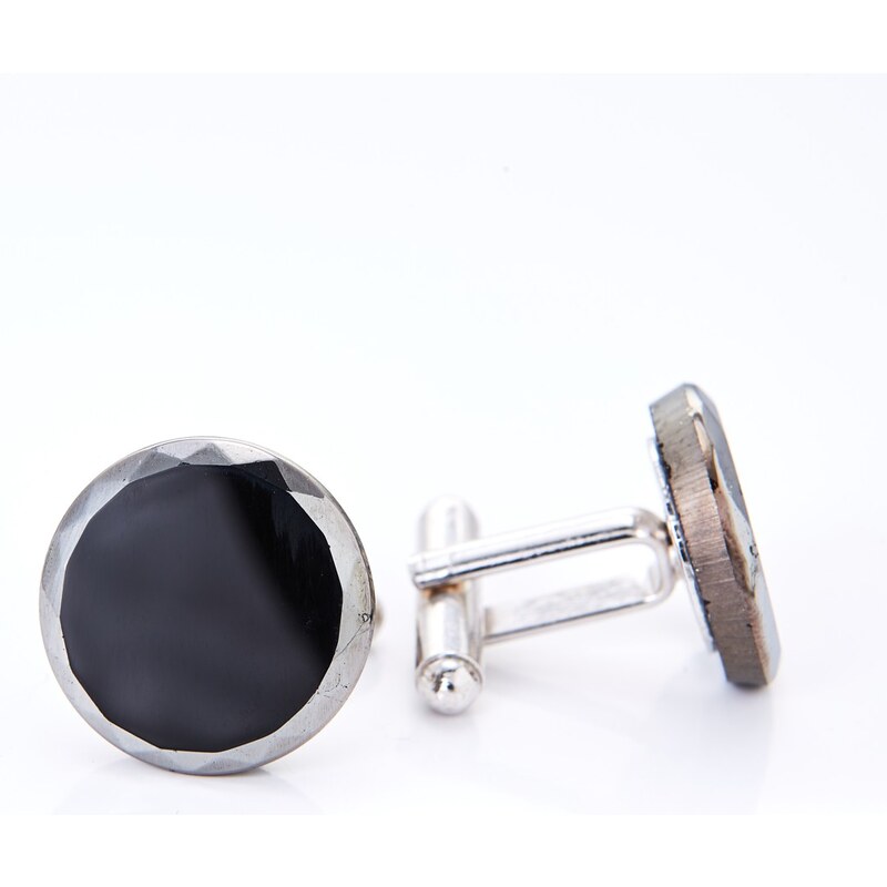 SmartMen Stříbrné manžetové knoflíčky kulaté černé YABLOGLASS - Black Onyx