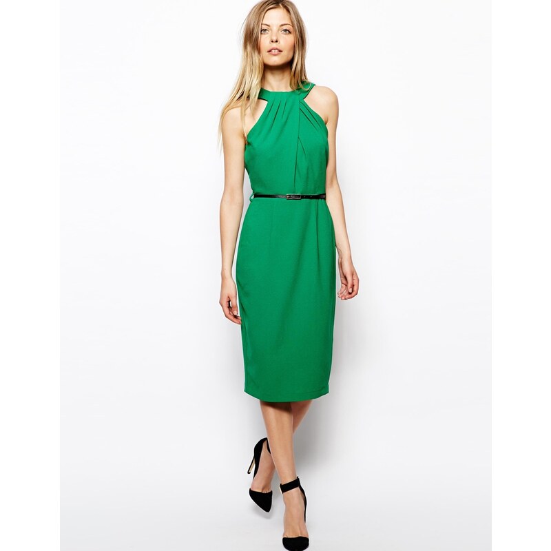 ASOS Pencil Dress With Twist Neck And Belt - Green