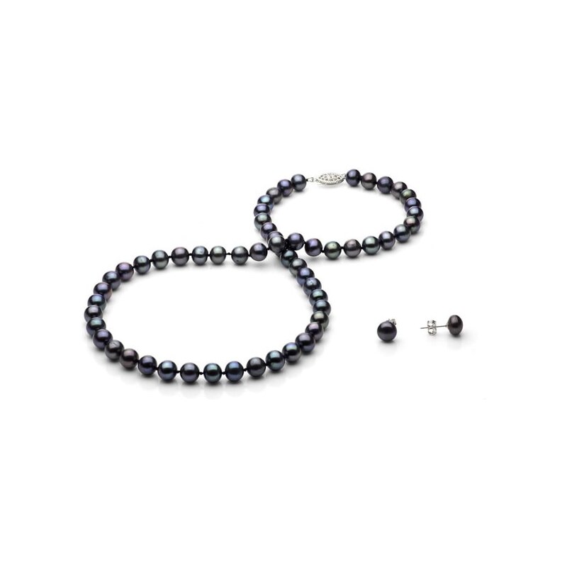 Souprava náhrdelníku a náušnic ve stříbře z černých perel KLENOTA pe026