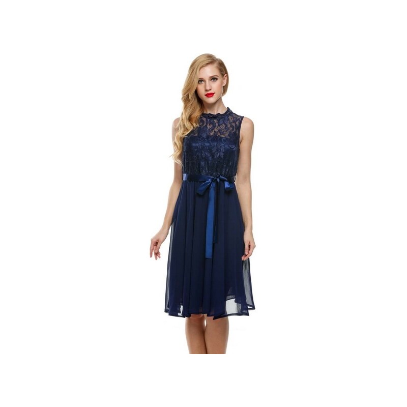 LM moda Krátké šaty tmavě modré s krajkou a páskem 4354