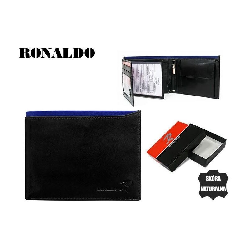 RONALDO Značková černá kožená pánská peněženka s modrou vložkou