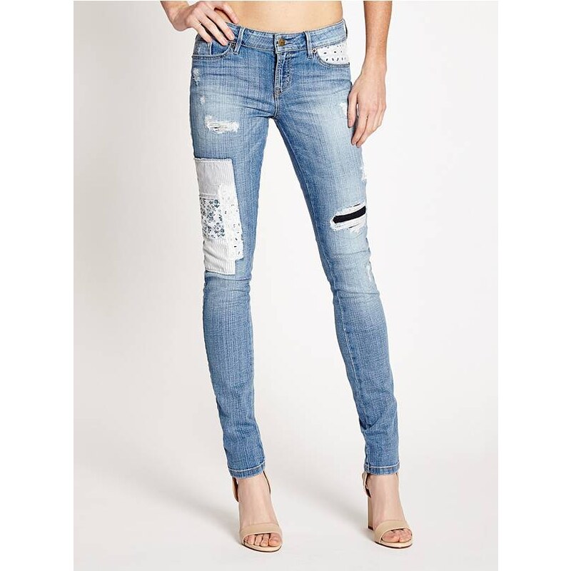 GUESS jeans Mid-Rise Patched and Mended Skinny Modrá světlá