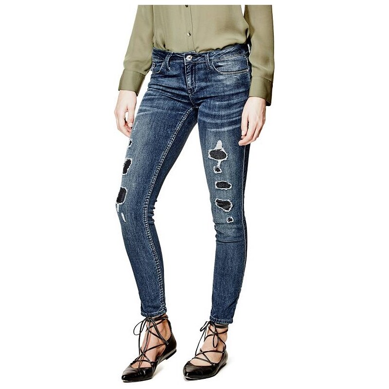 Guess jeans Low-Rise Power Skinny in Waterfront with Destroy Wash Modrá