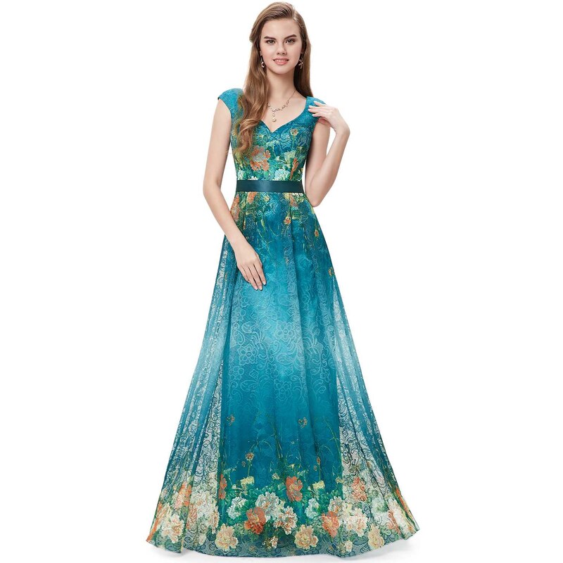 Ever-Pretty Zelenomodré květované šaty z krajky