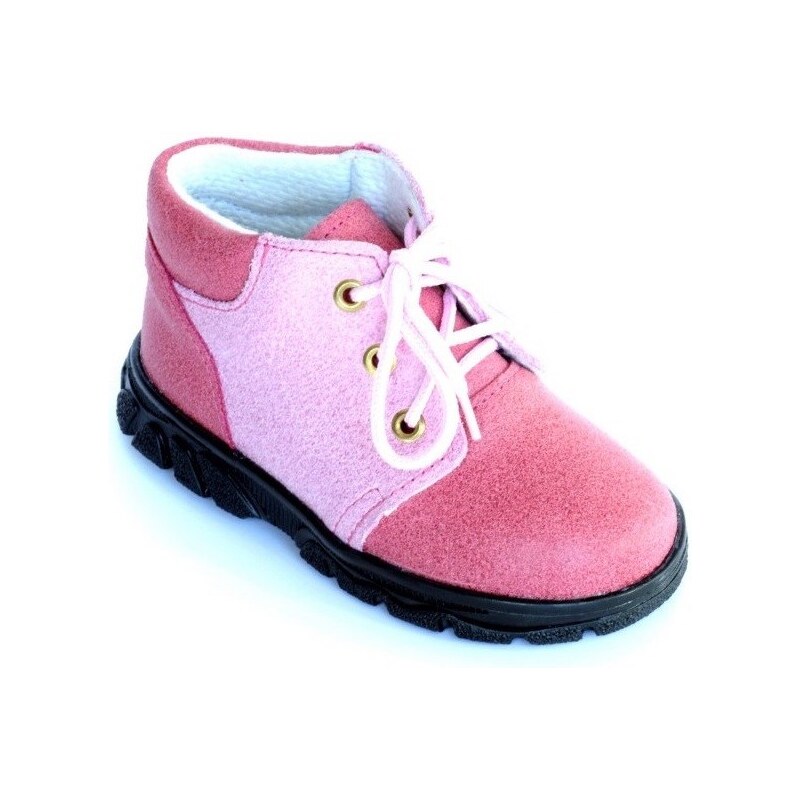 První krůčky Dívčí kožené celoroční boty s tkaničkami - růžové