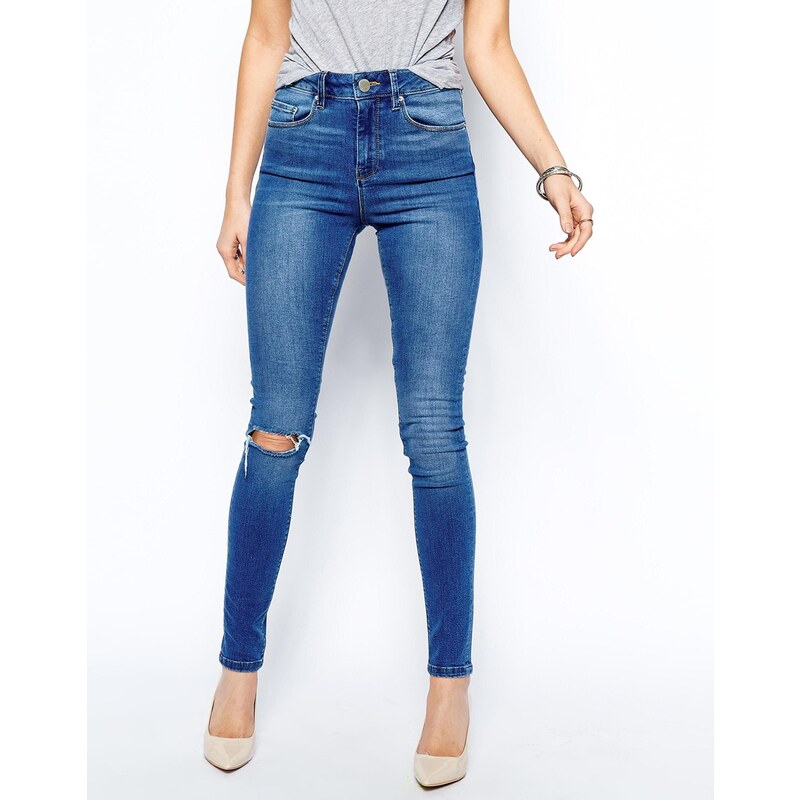 ASOS Ridley High Waist Ultra Skinny Jeans In Busted Mid Wash Blue with Busted Knees