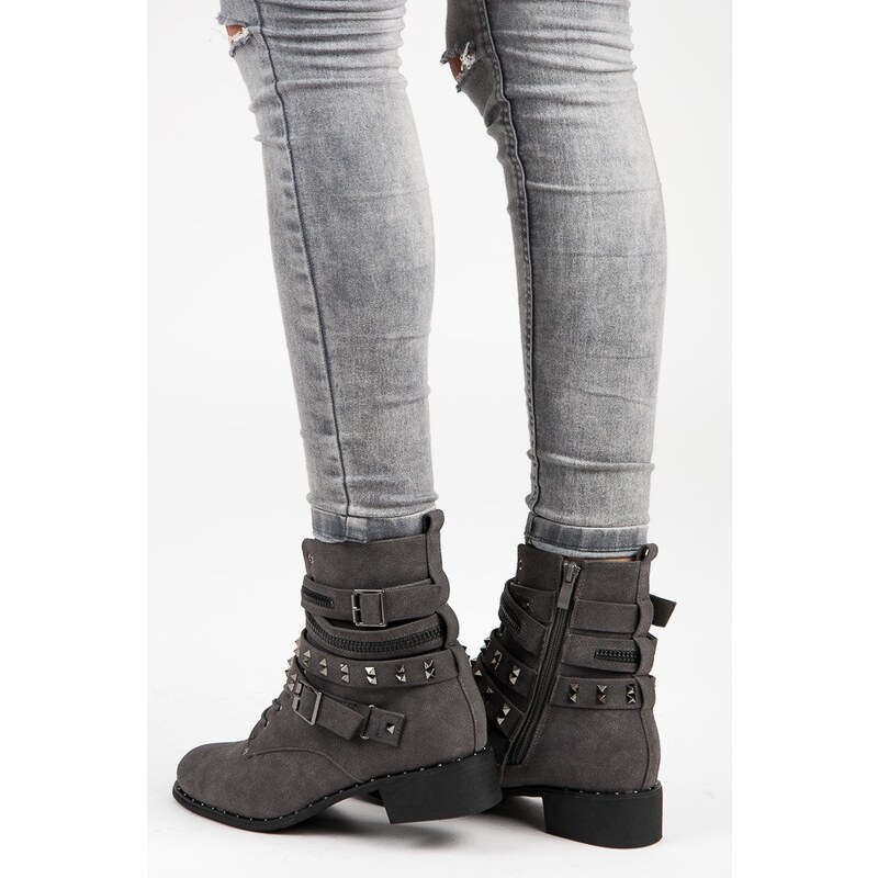 VICES new collection Rockové šedé kotníkové boty s přezkami