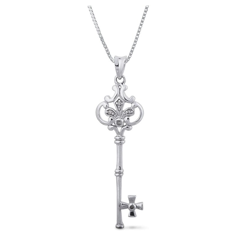 Stříbrný náhrdelník s přívěskem klíče s diamanty KLENOTA kln0019