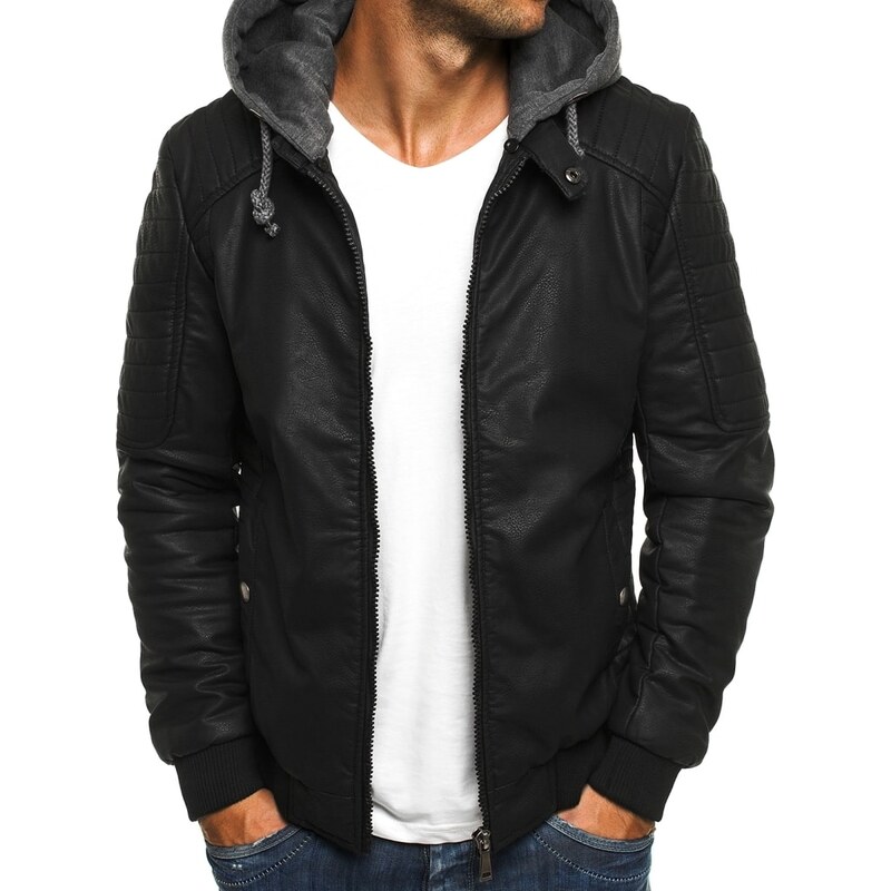 Zateplená černá kožená bunda s kapucí J.STYLE 3153