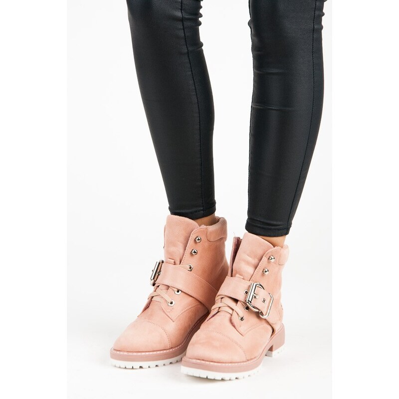 VICES new collection Semišové růžové šněrovací kotníkové boty s přezkou