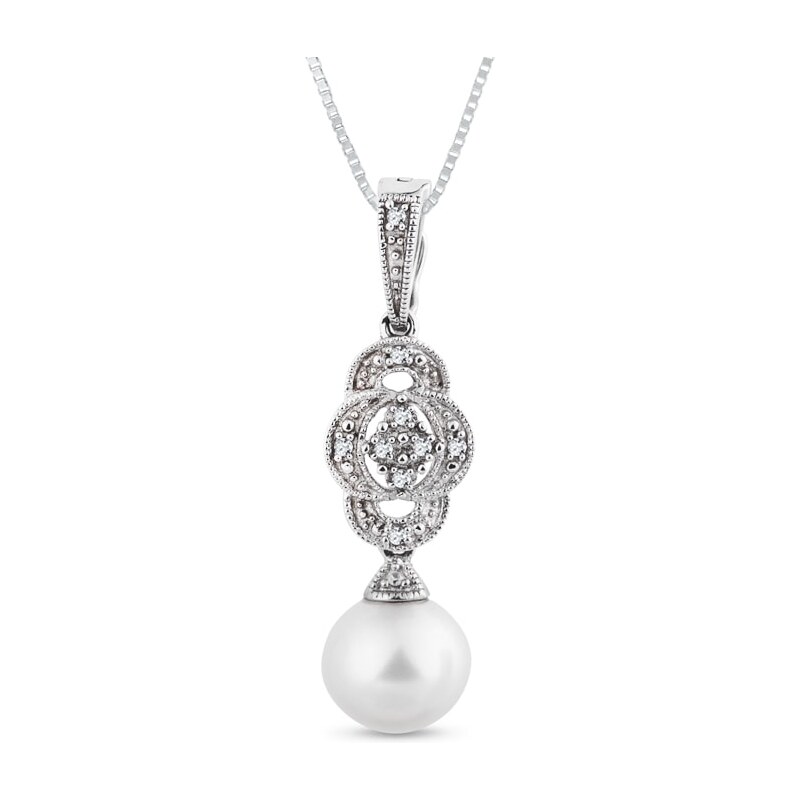 Stříbrný náhrdelník s perlou a diamanty KLENOTA kln0227