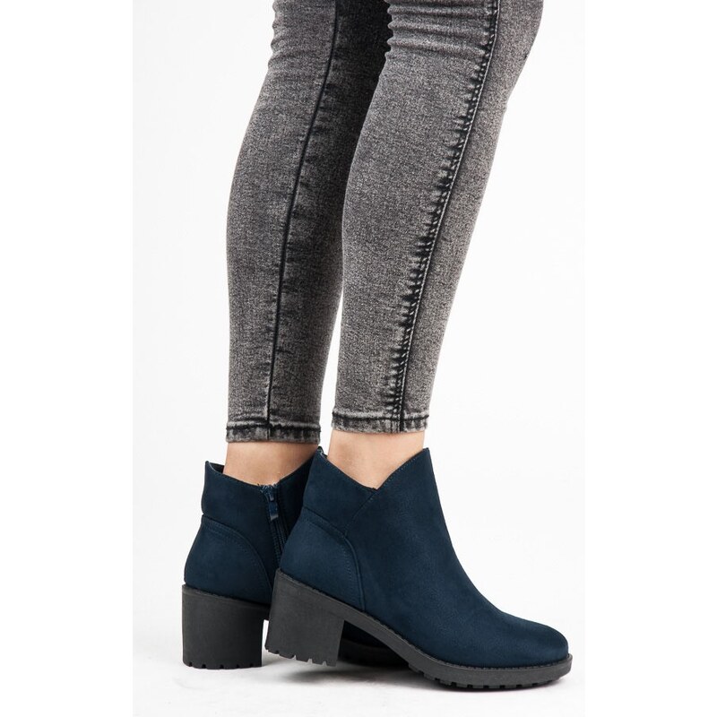 VICES new collection Semišové modré kotníkové boty na podpatku