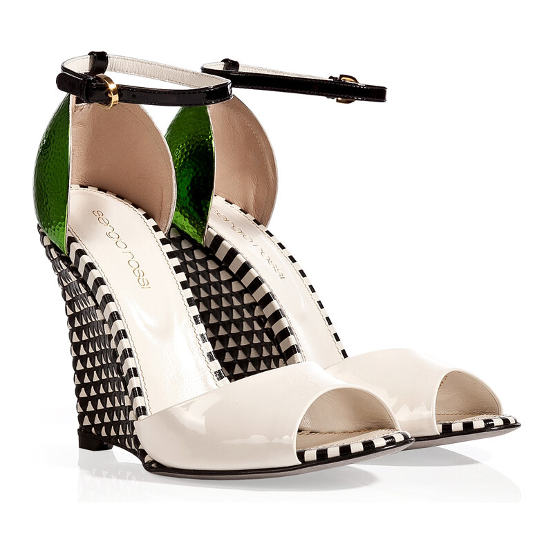 Sergio Rossi White/Black Woven Leather Wedges with Green Metal Back
