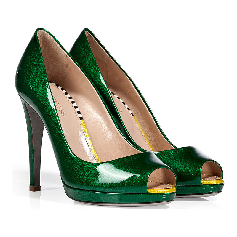 Sergio Rossi Grass Green Patent Leather Peep-Toe Pumps
