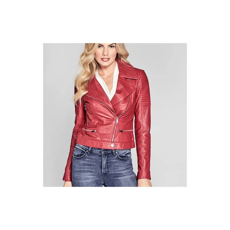 Kožená bunda Guess by Marciano Aylin Leather Moto Jacket červená - GLAMI.cz