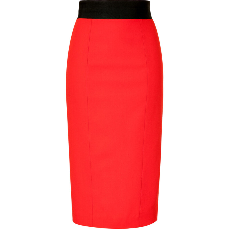LWren Scott Red Wool-Blend Pencil Skirt with Black Waist