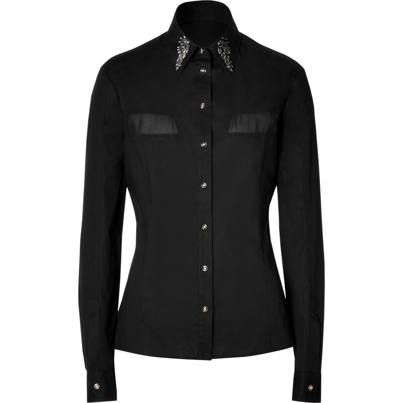 Just Cavalli Stretch Cotton Shirt with Embellished Collar in Black