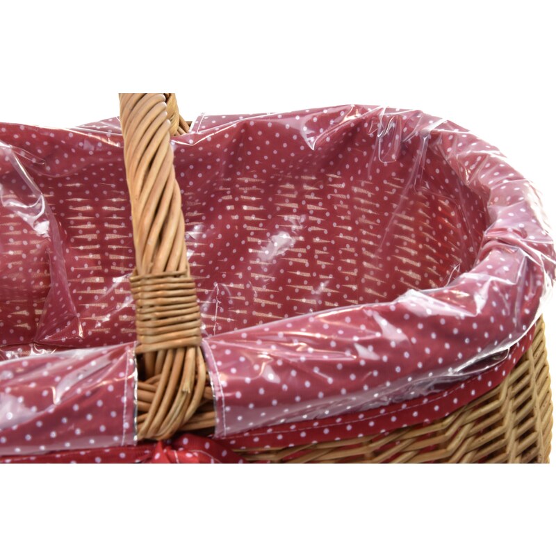 Proutěný nákupní košík s igelitovou vložkou a červenou látkou