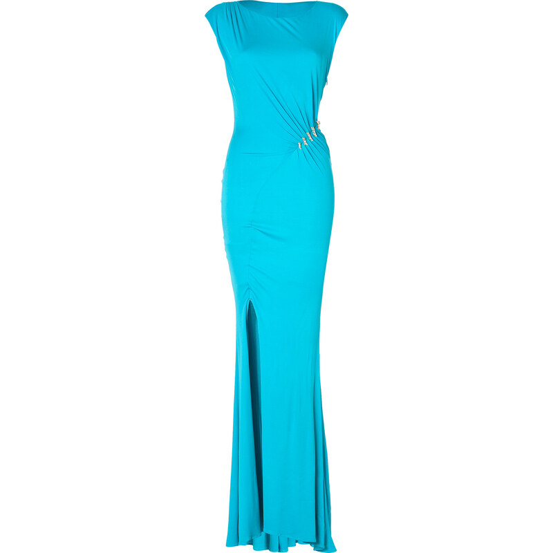 Roberto Cavalli Draped Jersey Gown with Snake Embellishment in Turquoise