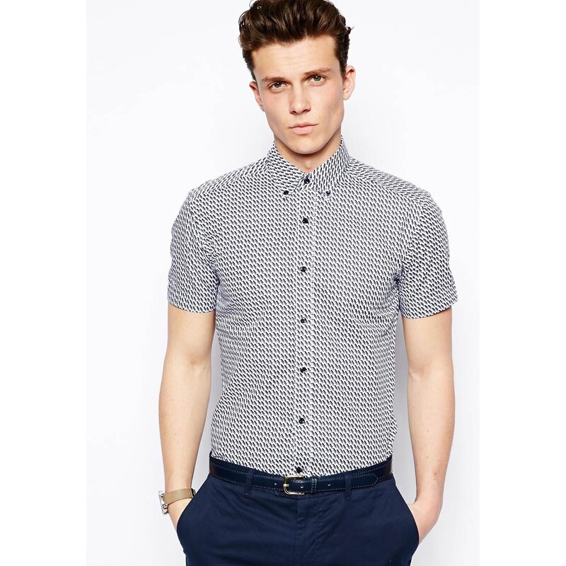 Reiss Short Sleeve All Over Printed Shirt With Button Down Collar - Blue