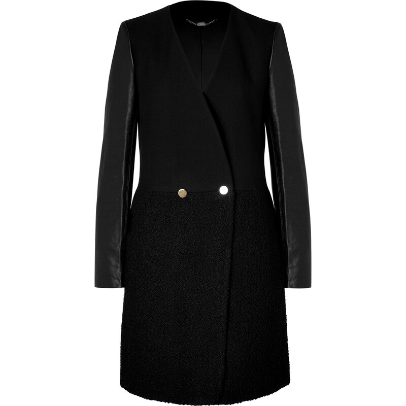 DKNY Wool Boucle Coat with Leather Sleeves in Black