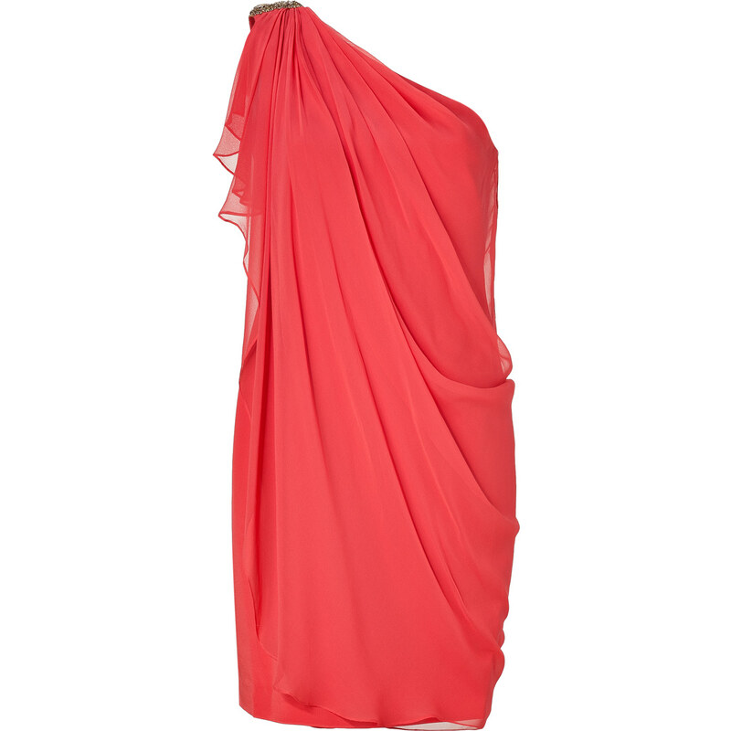 Notte by Marchesa Melon Draped One Shoulder Silk Chiffon Dress
