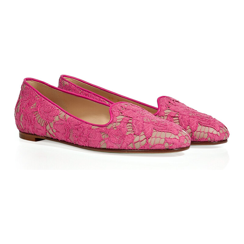 Valentino Pink/Nude Lace/Leather Slipper-Style Loafers