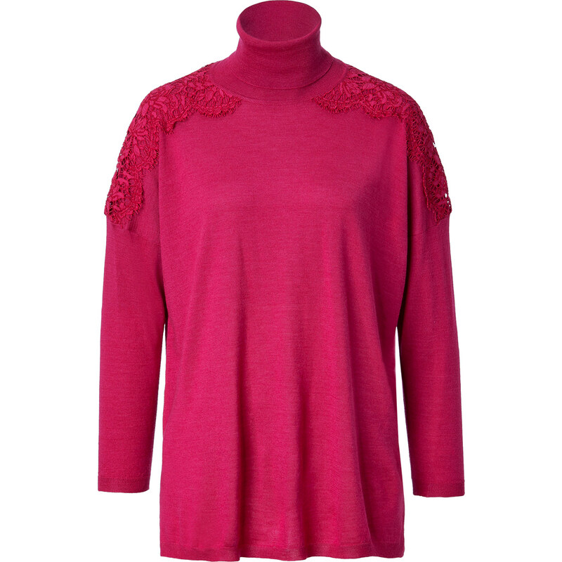 Valentino Wool-Silk-Cashmere Turtleneck with Lace Applique