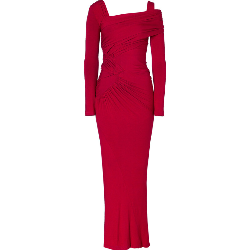 Donna Karan Scarlet Red Draped Jersey Cold-Shoulder Gown