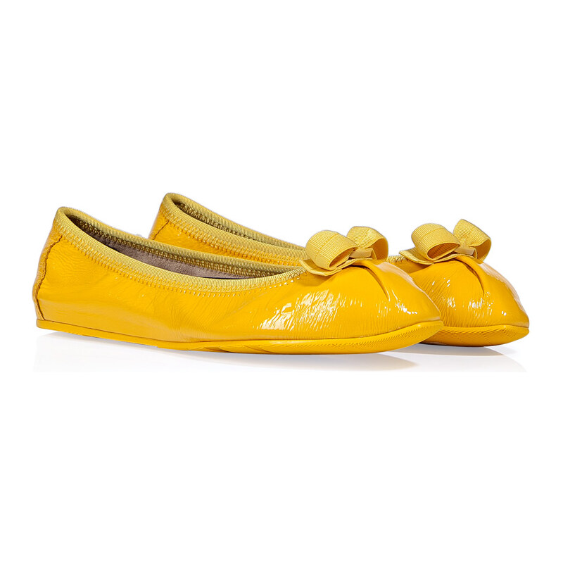Salvatore Ferragamo Yellow Crinkle Patent Leather Ballerinas