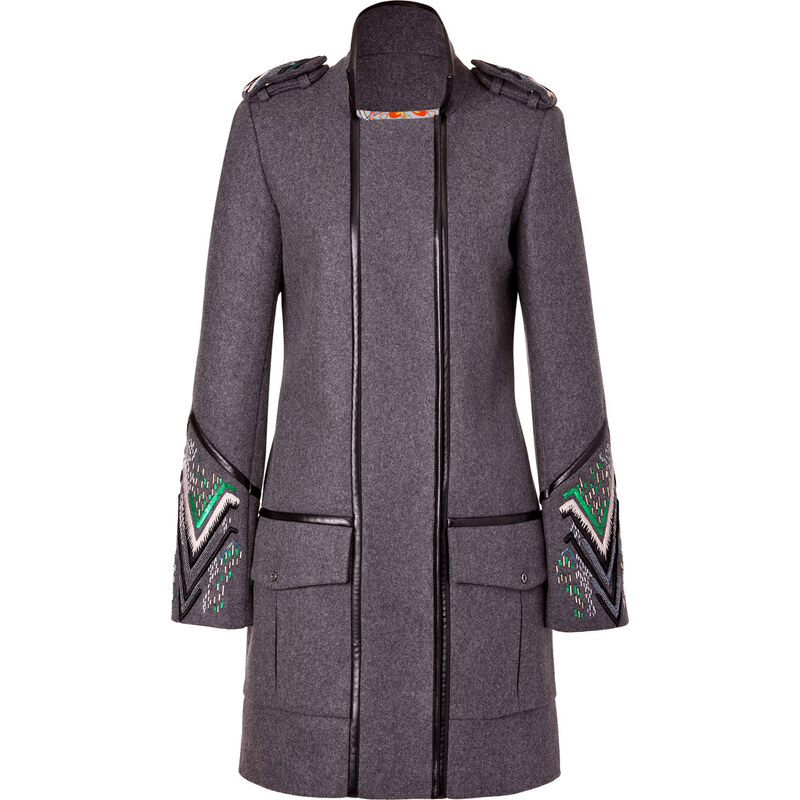 Matthew Williamson Grey-Multi Embroidered Leather Piped Military Coat