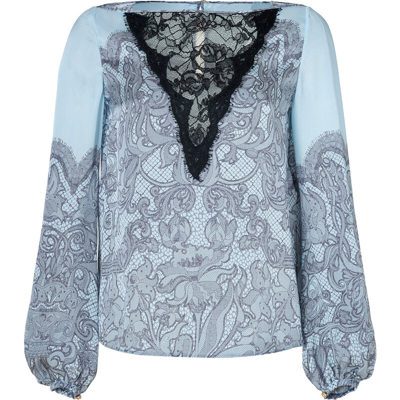 Emilio Pucci Celeste Blue Lace Detailed Silk Top