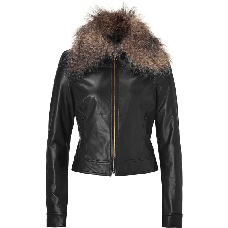 LAgence Black Leather Jacket with Faux Fur Collar