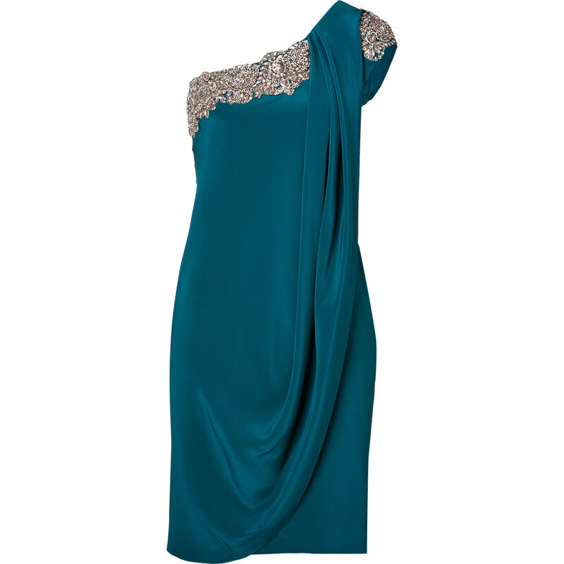 Marchesa Crystal Embroidered Silk Crepe One Shoulder Dress in Teal