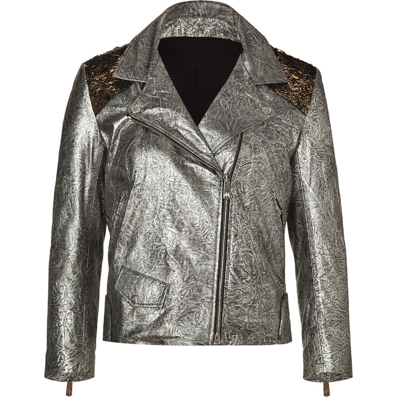 Faith Connexion Silver Embroidered Leather Jacket