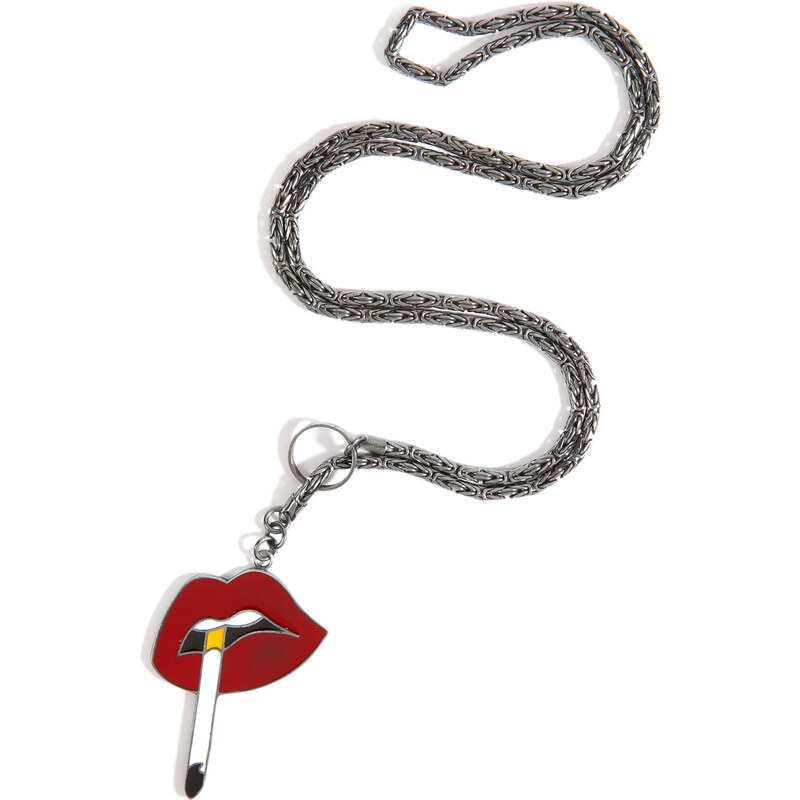 Lynn Ban Oxidized Silver and Red Enamel Smoking Lips Pendant Necklace