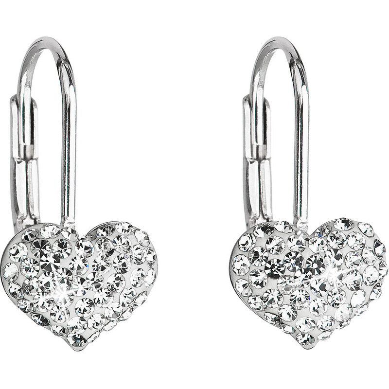 Stříbrné náušnice visací s krystaly Swarovski bílé srdce 31125.1 22002347