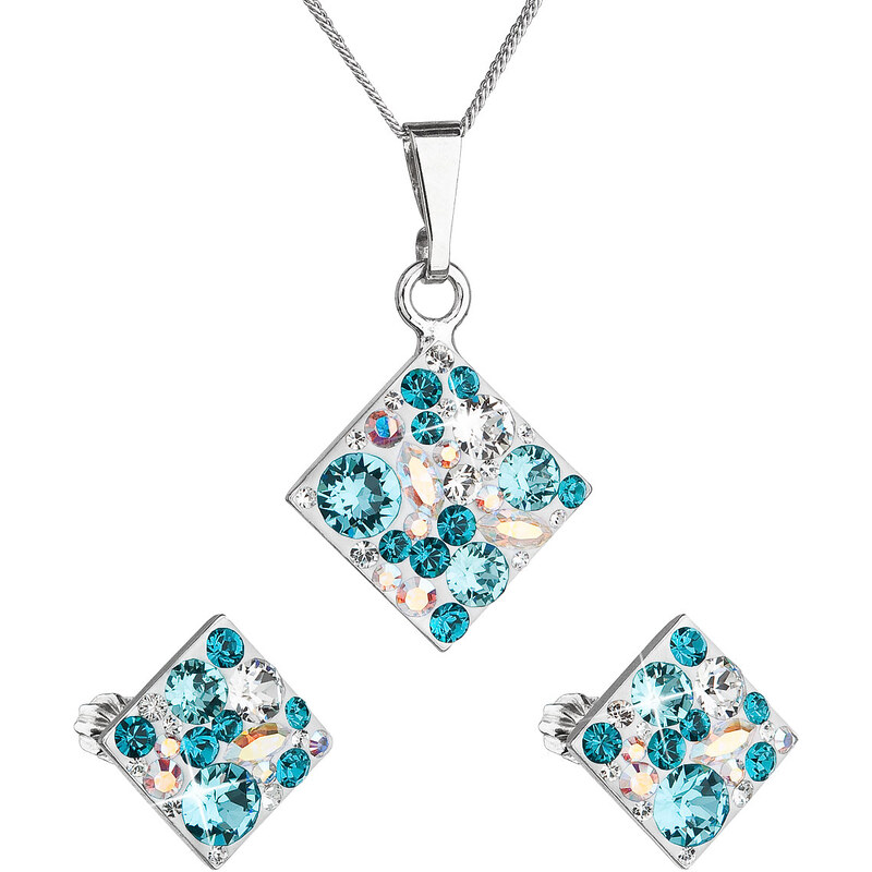 EVOLUTION GROUP Sada šperků s krystaly Swarovski náušnice, řetízek a přívěsek modrý kosočtverec 39126.3 turquoise