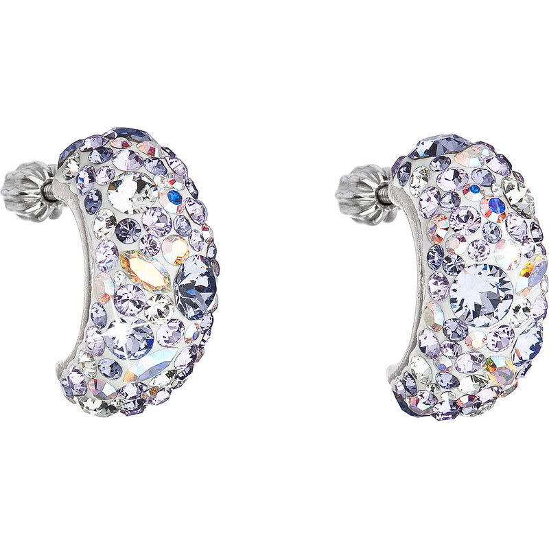 Stříbrné náušnice visací s krystaly Swarovski fialový půlkruh