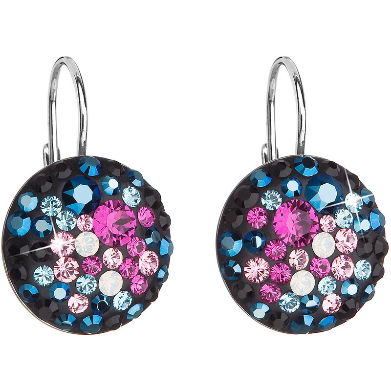 Stříbrné náušnice visací s krystaly Swarovski mix barev kulaté