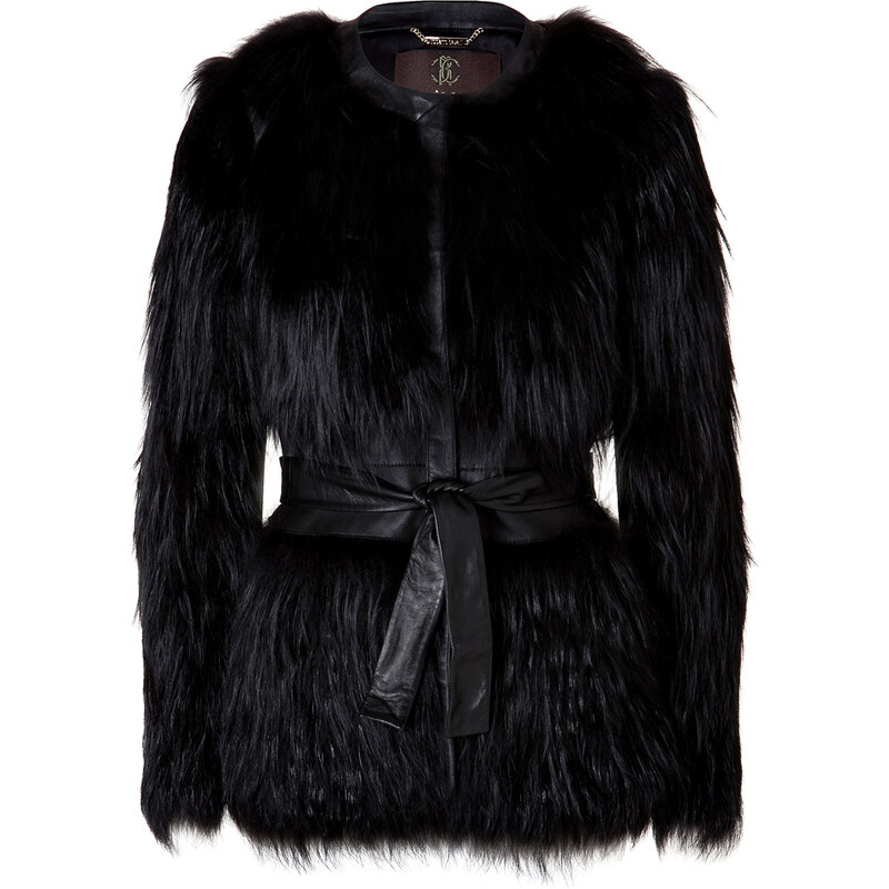 Roberto Cavalli Silver Fox Fur Belted Jacket with Leather Trim